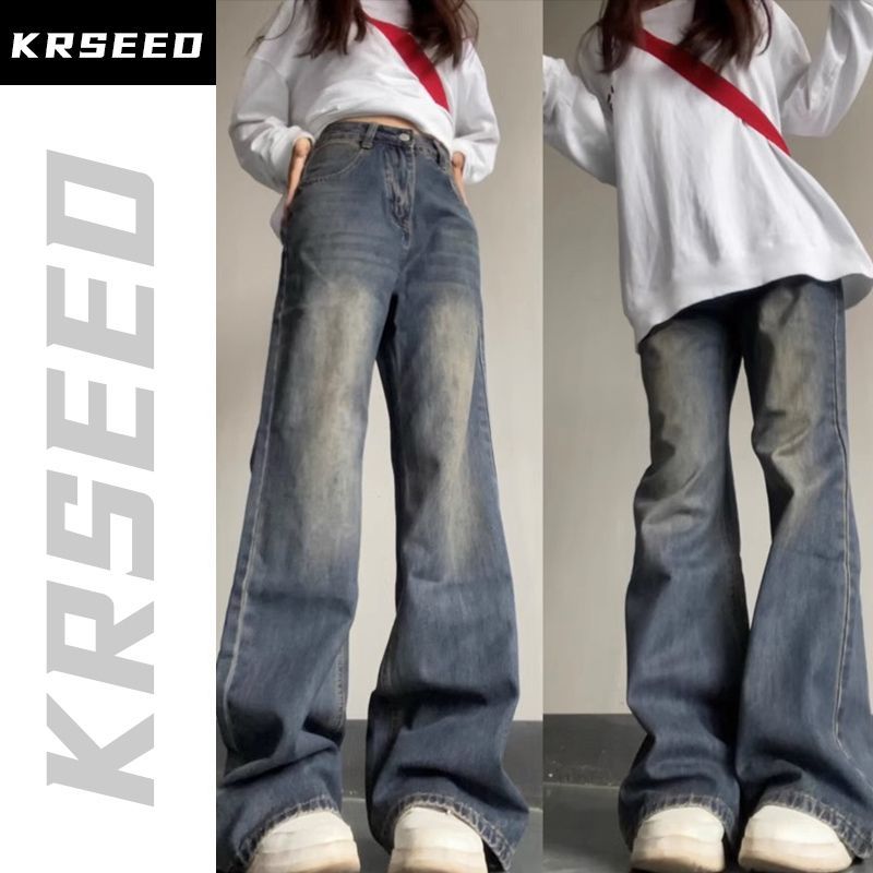 KRSEED美式高街做舊微喇牛仔褲女2023新款秋季復古寬鬆直筒闊腿褲