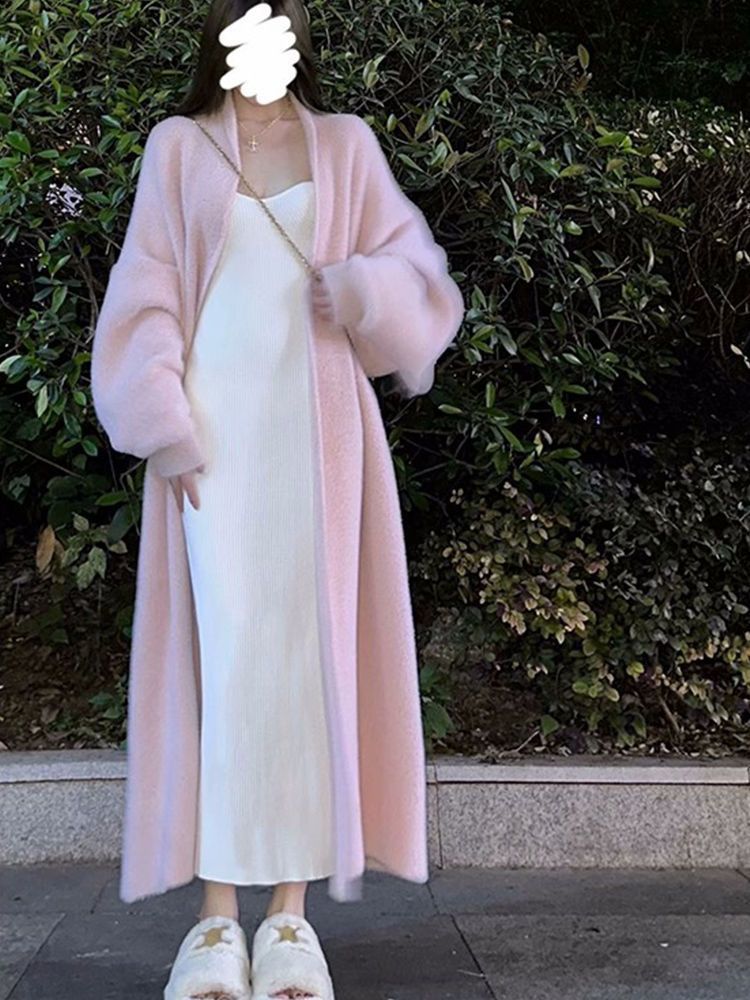 繽慕粉色奶fufu水貂絨毛衣外套開衫女秋冬慵懶風中長款針織衫加厚