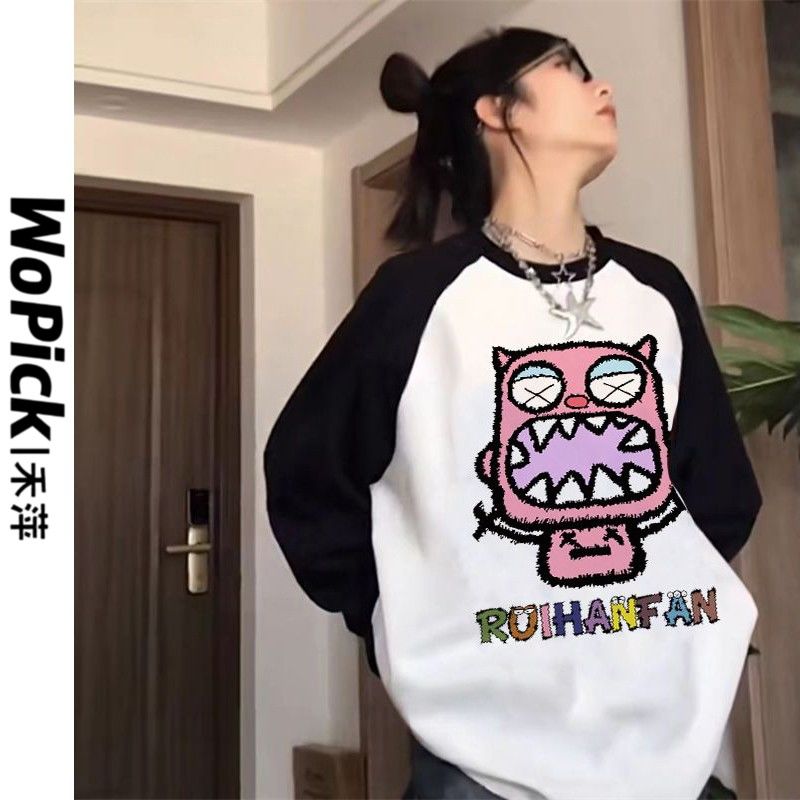 長袖t恤女2023秋季新款卡通印花寬鬆內搭上衣中長款純棉打底衫潮