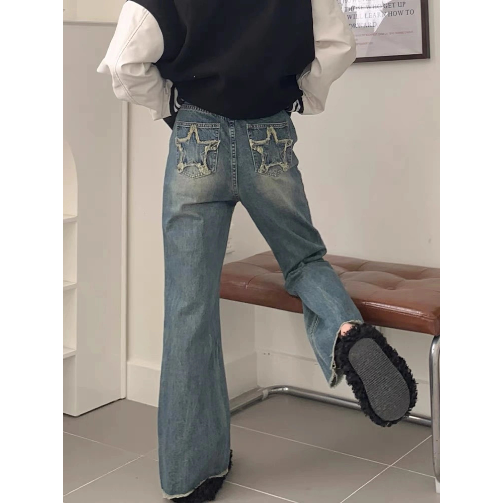 美式復古vibe高街顯瘦微喇牛仔褲女秋季新款寬鬆百搭高腰闊腿褲子