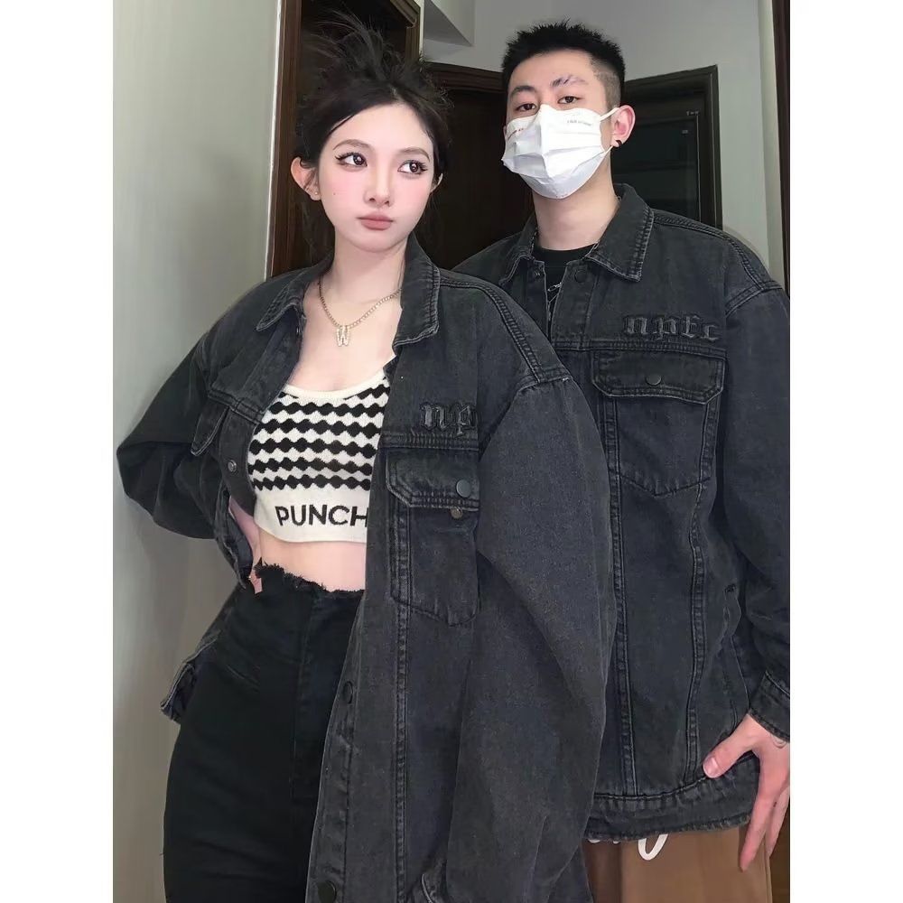 高街復古黑灰水洗做舊牛仔夾克男女春秋潮牌百搭休閒寬鬆工裝外套