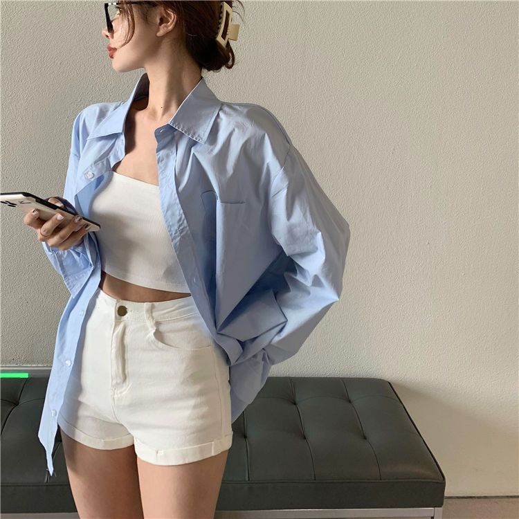 秋季美式淺藍色長袖襯衫女內搭外穿寬鬆疊穿打底襯衣上衣女洋氣
