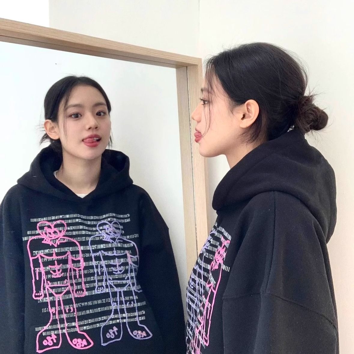 重磅純棉美式復古印花連帽衛衣女秋冬季新款oversize潮牌情侶帽衫