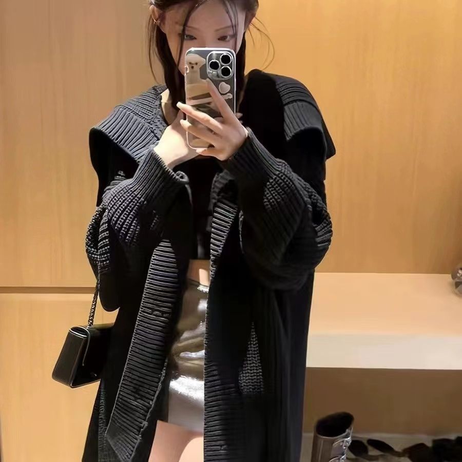黑色翻領毛衣外套女設計感小眾秋冬款慵懶風寬鬆外穿針織開衫上衣