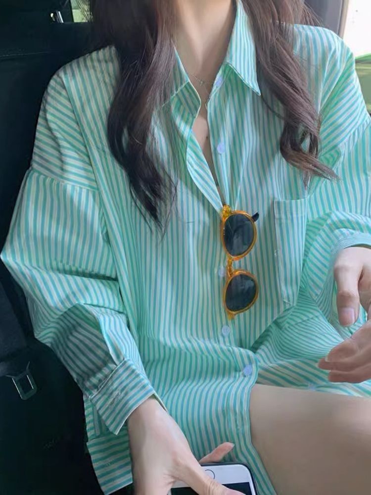 秋季美式條紋襯衫女長袖內搭外穿寬鬆時尚打底襯衣上衣女洋氣外套
