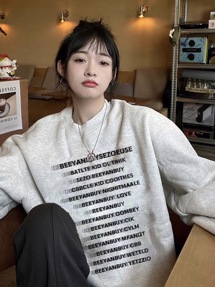 美式復古花灰色慵懶chic圓領衛衣女春秋薄款oversize寬鬆上衣ins