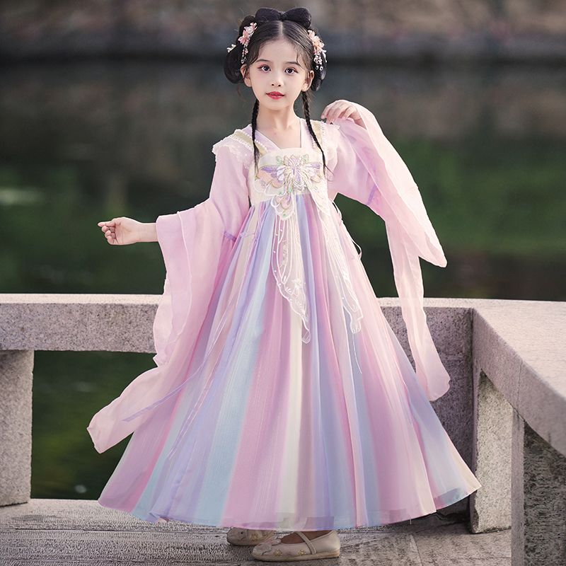 中秋節漢服兒童春秋中國風唐裝女童2023新款連衣裙秋襦裙女孩古裝
