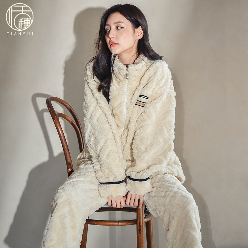 睡衣女秋冬季新款珊瑚絨可外穿家居服加絨加厚保暖套裝法蘭絨冬天