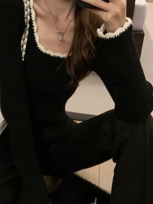 法式灰色方领针织打底衫内搭毛衣女秋冬高级感修身上衣小众设计感