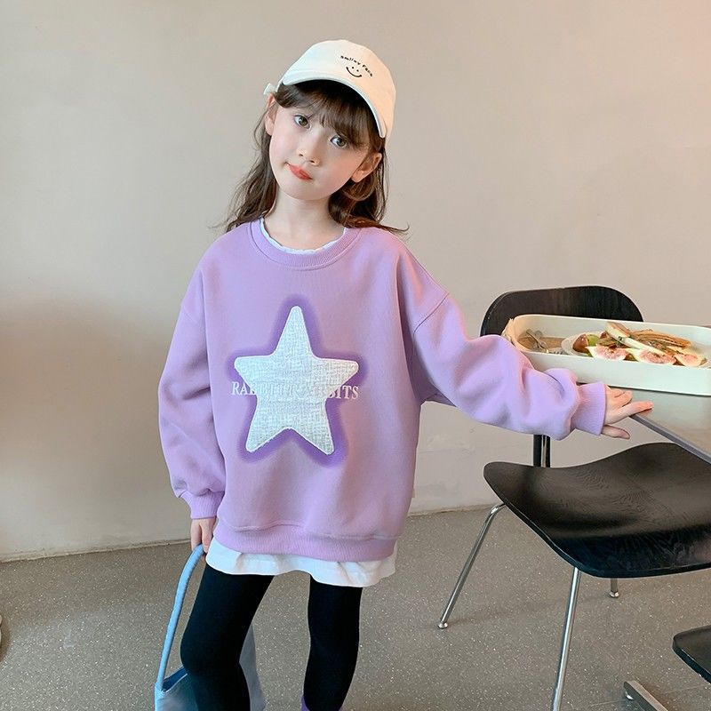 Girls Spring and Autumn Sweaters  New Fashion Versatile and Western Girls Autumn Clothes Star Fake Two-piece Outer Tops