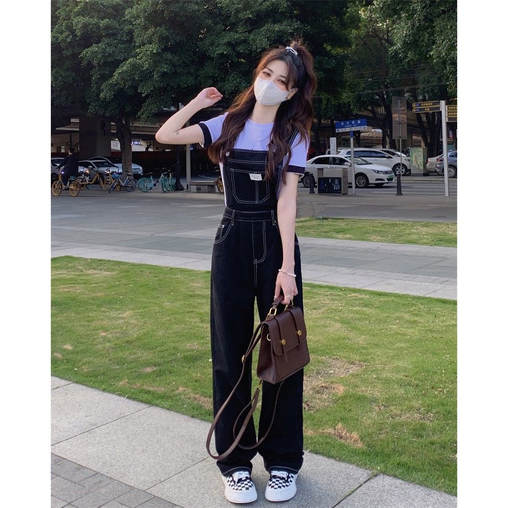 牛仔背帶褲女春秋季2023年新款秋裝美式寬鬆設計感高腰闊腿褲子女