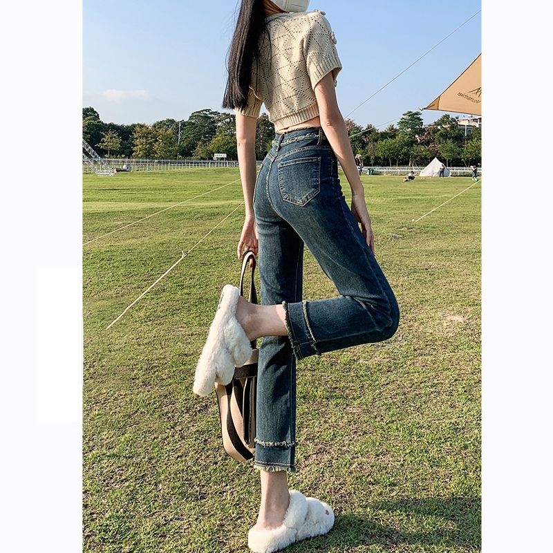 復古彈力高腰直筒牛仔褲女春秋季百搭小個子大碼顯瘦毛邊煙管褲子