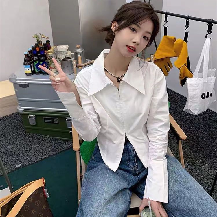 秋季美式長袖白色襯衫女寬鬆外穿百搭短款拉鏈襯衣上衣女洋氣外套