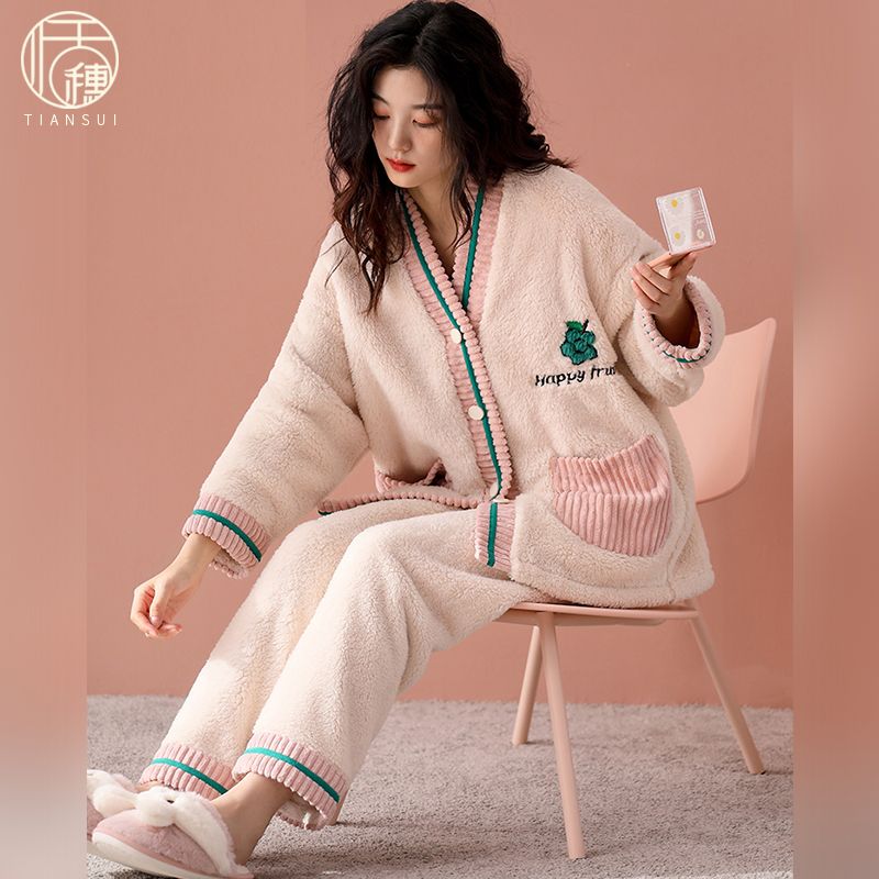 珊瑚絨睡衣女款秋冬季加厚加絨寬鬆甜美開衫高檔家居服法蘭絨套裝