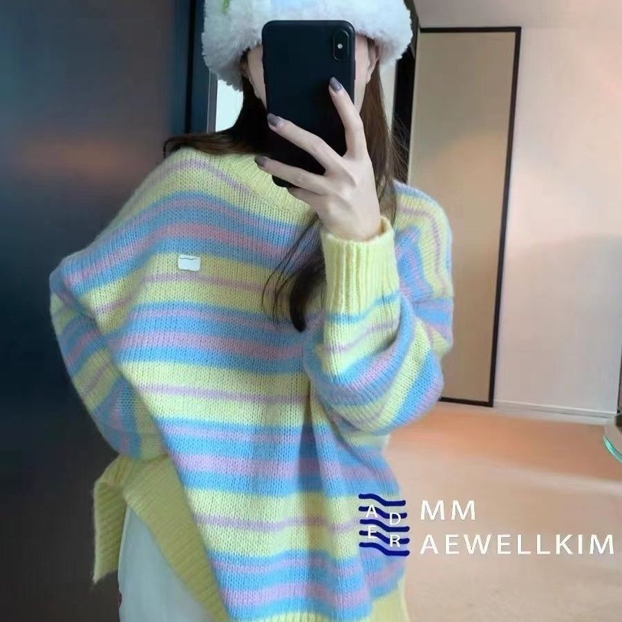 秋冬季小眾設計高級感甜美學生寬鬆慵懶風bf粉色條紋奶呼呼毛衣女