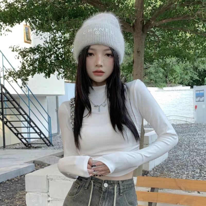 純欲辣妹半高領打底衫女網紅短款露臍抽褶修身內搭長袖T恤女上