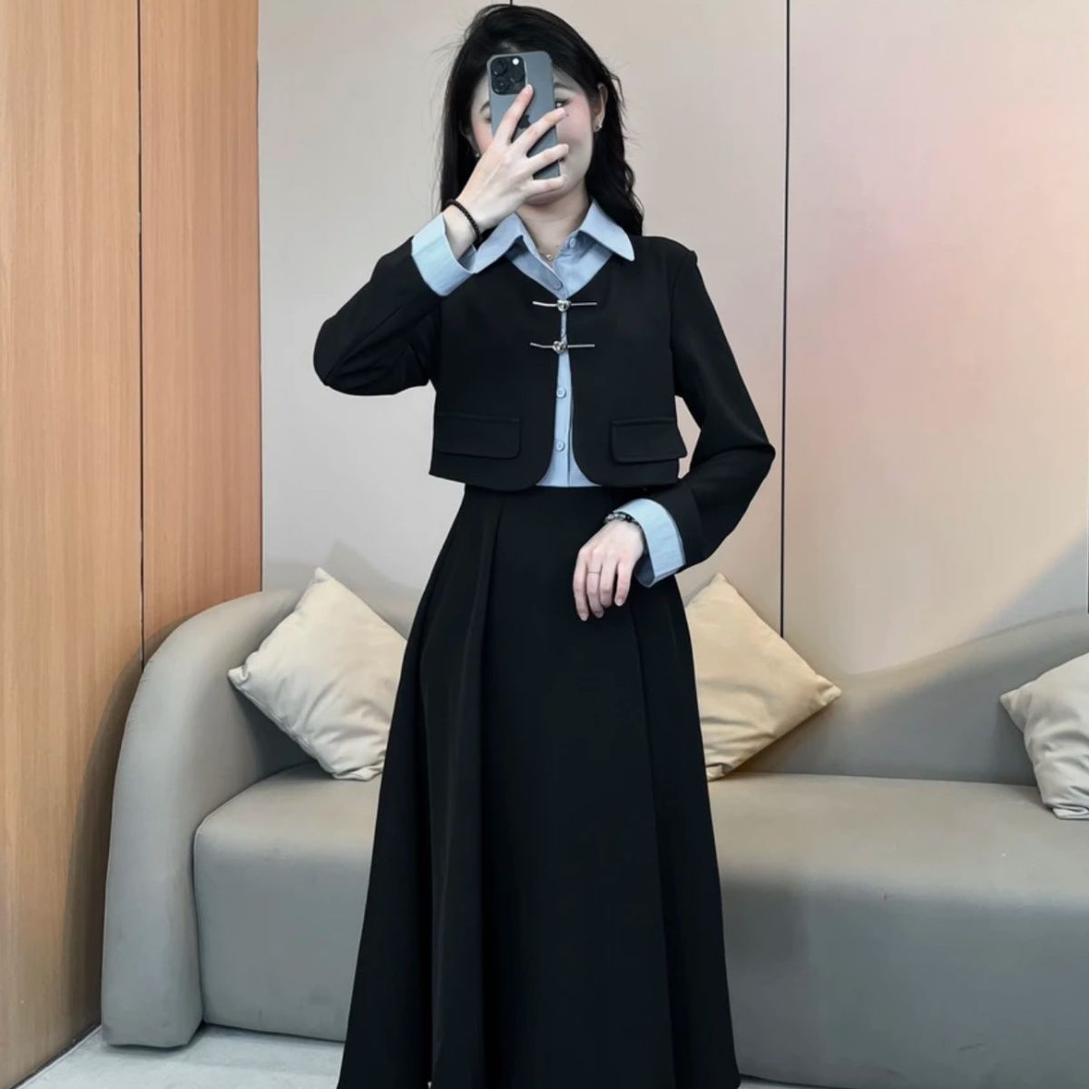 撞色赫本風秋冬新款收腰氣質復古假兩件連衣裙長袖顯瘦減齡長裙女
