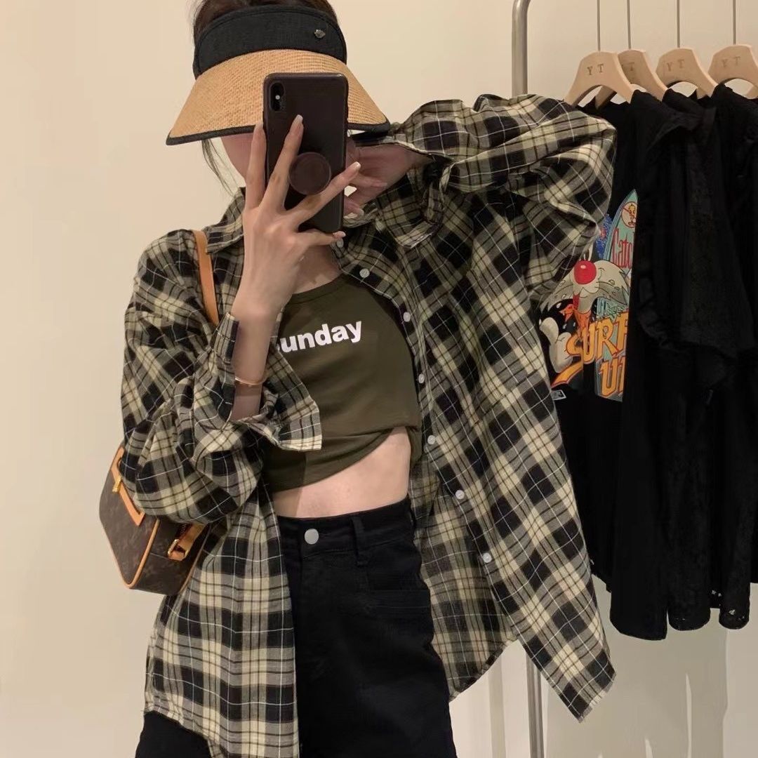 秋季女裝港風格子襯衫女長袖早秋外套氣質寬鬆休閒襯衣上衣女洋氣