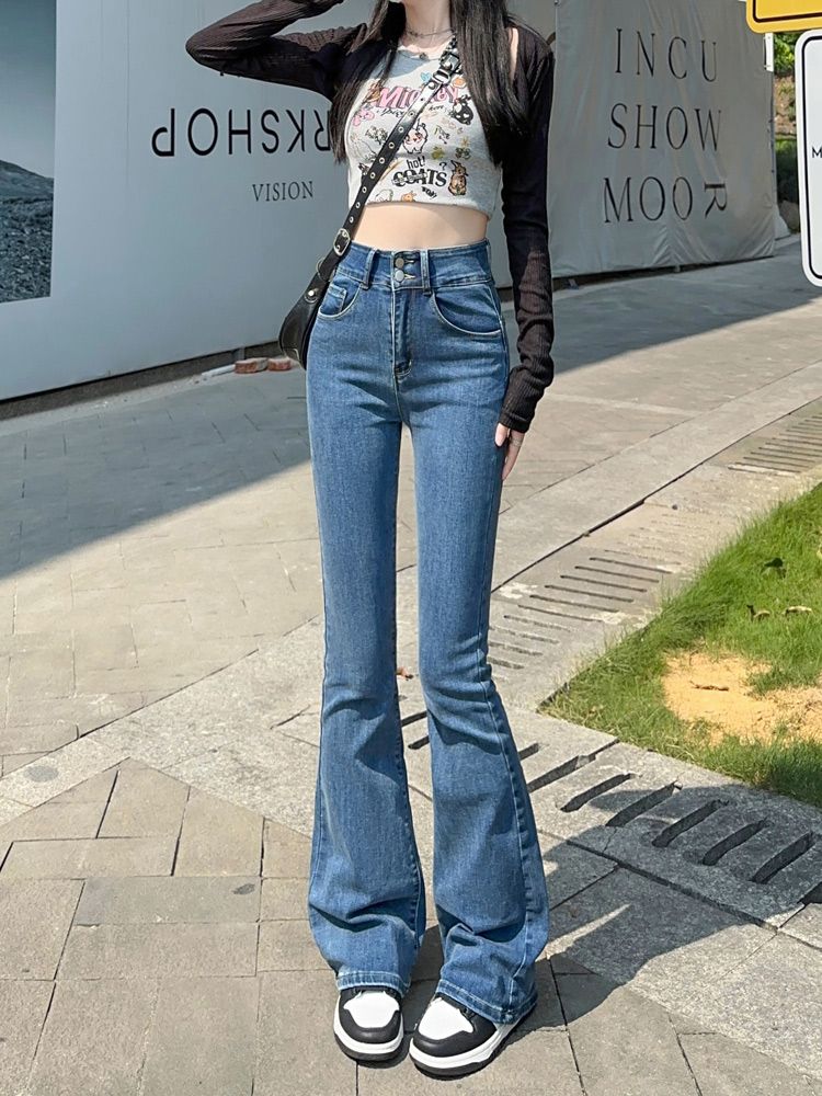 YSYOURS高腰顯瘦微喇叭牛仔褲女春秋雙扣設計感大碼小個子馬蹄褲