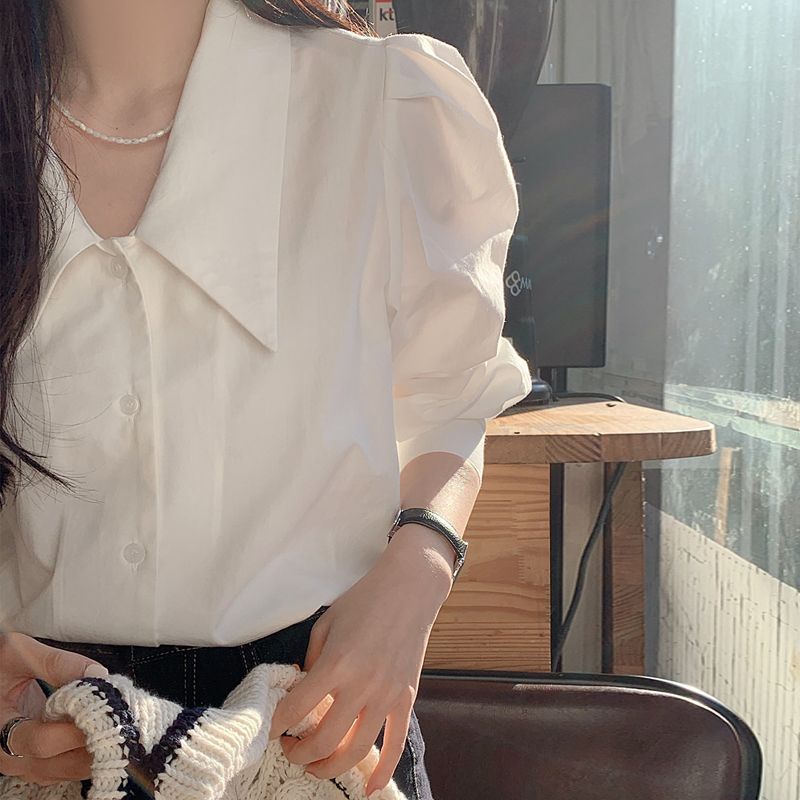 秋季法式長袖白色襯衫女秋冬寬鬆上衣設計感小眾ins甜辣高級襯衣