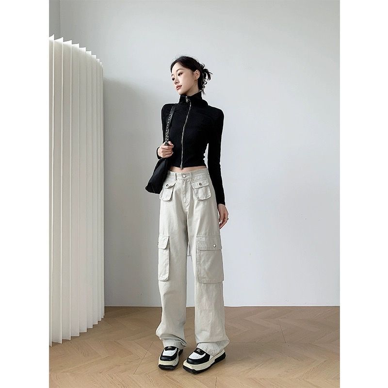 高街美式直筒工裝褲女秋季2023小眾新款高腰寬鬆顯瘦白色休閒褲子