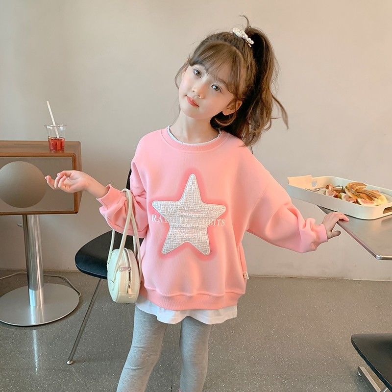 Girls Spring and Autumn Sweaters  New Fashion Versatile and Western Girls Autumn Clothes Star Fake Two-piece Outer Tops