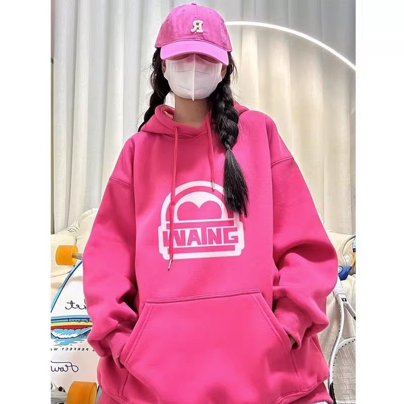 American retro dopamine letter print hooded rose red sweatshirt for women autumn and winter new heavy cotton jacket trendy