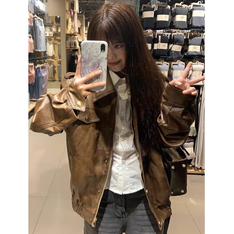 Leather jacket women's spring and autumn new style loose retro short leather jacket PU leather motorcycle top short coat autumn trend