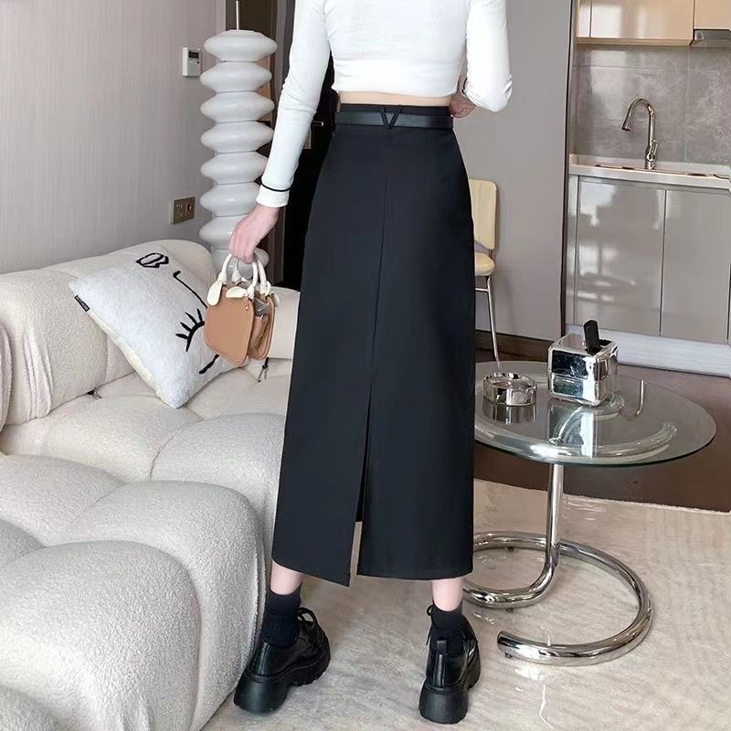 2024 Spring and Autumn High-end Suit Skirt Draping High Waist Slim Covering Hip Versatile Slit Covering Hips A-Line Long Skirt