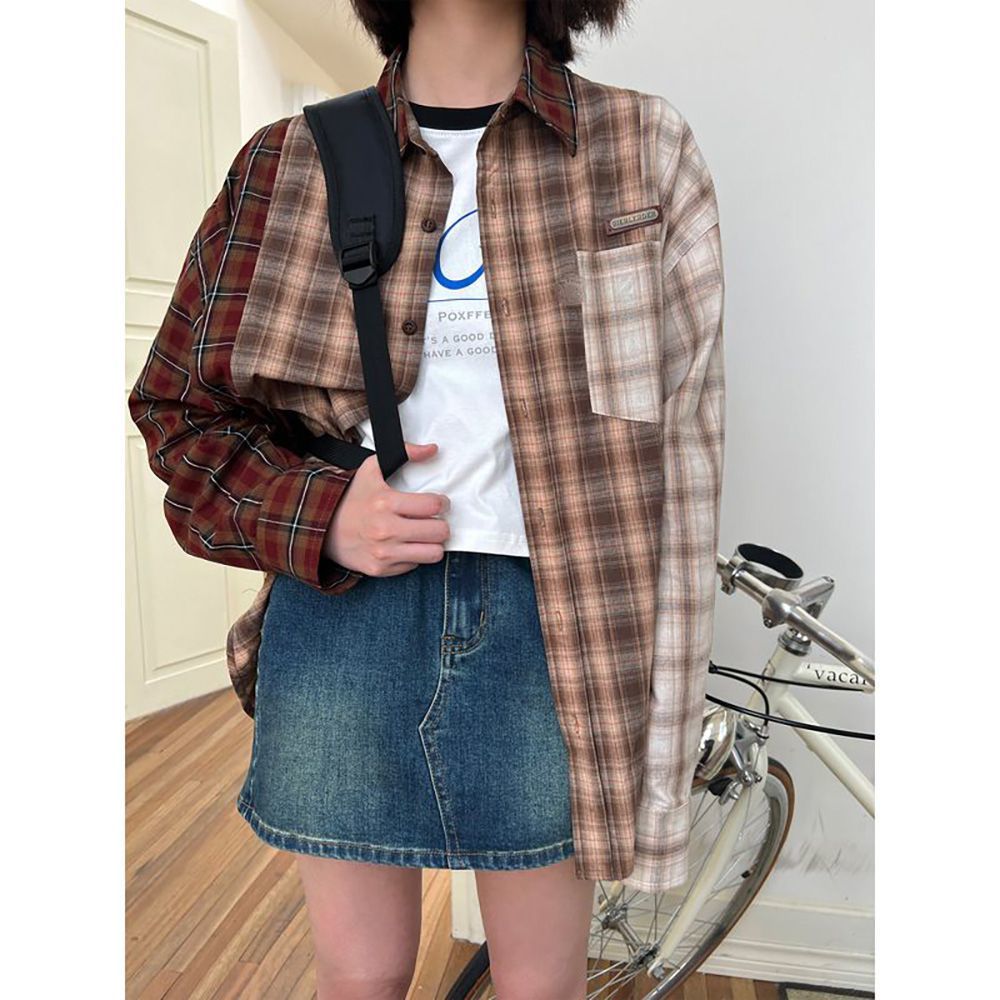 Maillard retro plaid long-sleeved shirt for women early autumn  new loose fashion casual sun protection top jacket