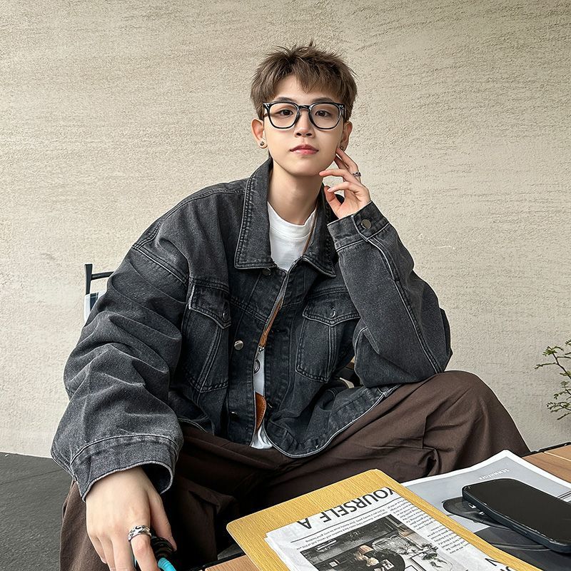 美式復古煙灰色牛仔外套男春秋季高級感短款工裝夾克vintage褂子