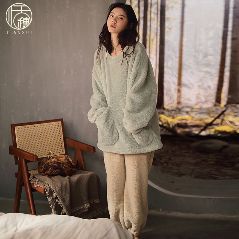 珊瑚絨睡衣女秋冬季加厚加絨保暖法蘭絨口袋設計感外穿家居服套裝