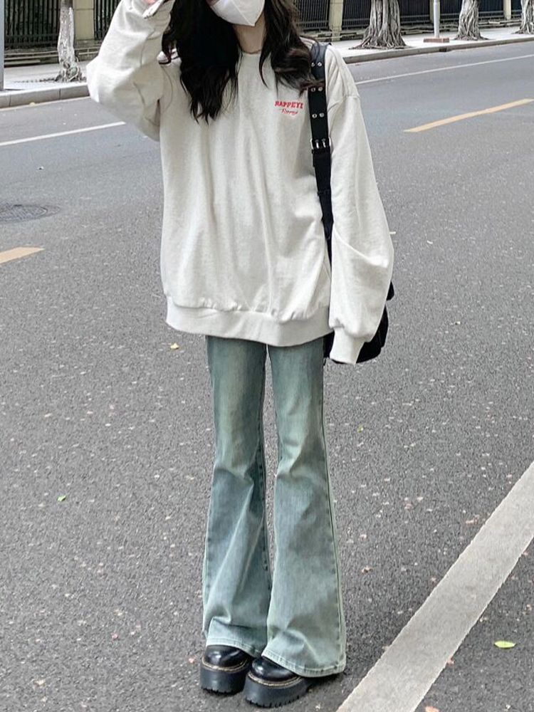 做舊黃泥微喇叭牛仔褲女秋季新款復古高腰修身顯瘦直筒拖地褲子潮