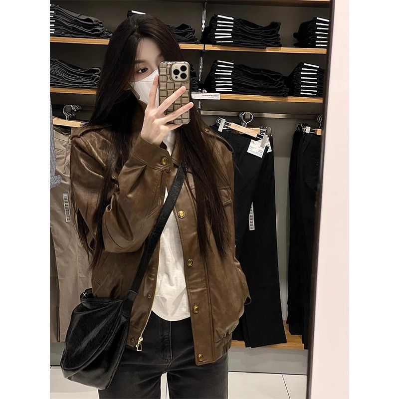 Brown leather women's 2023 spring and autumn new Maillard British style small suit high-end street suit jacket