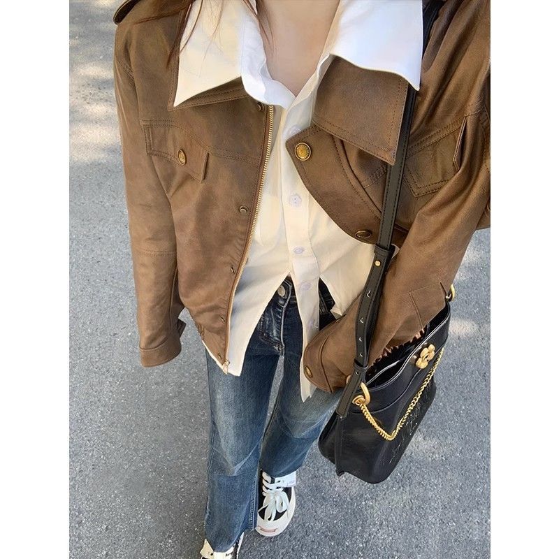 Leather jacket women's short 2023 autumn new Hong Kong style coffee color pu small American retro motorcycle jacket