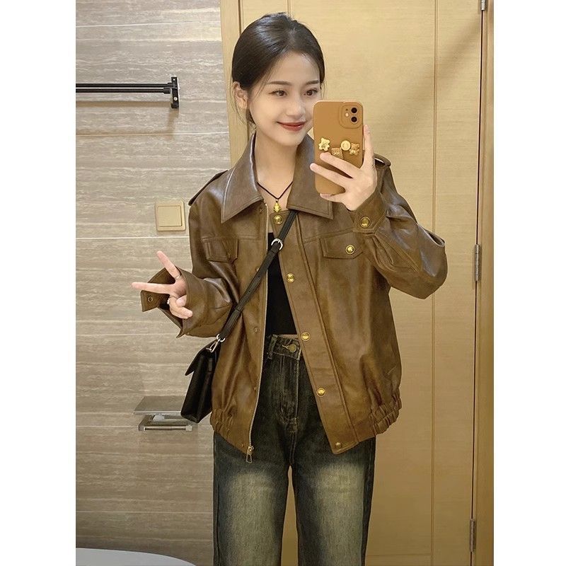 Leather jacket for women 2023 spring and autumn new style early spring loose short brown retro small man versatile leather jacket trendy