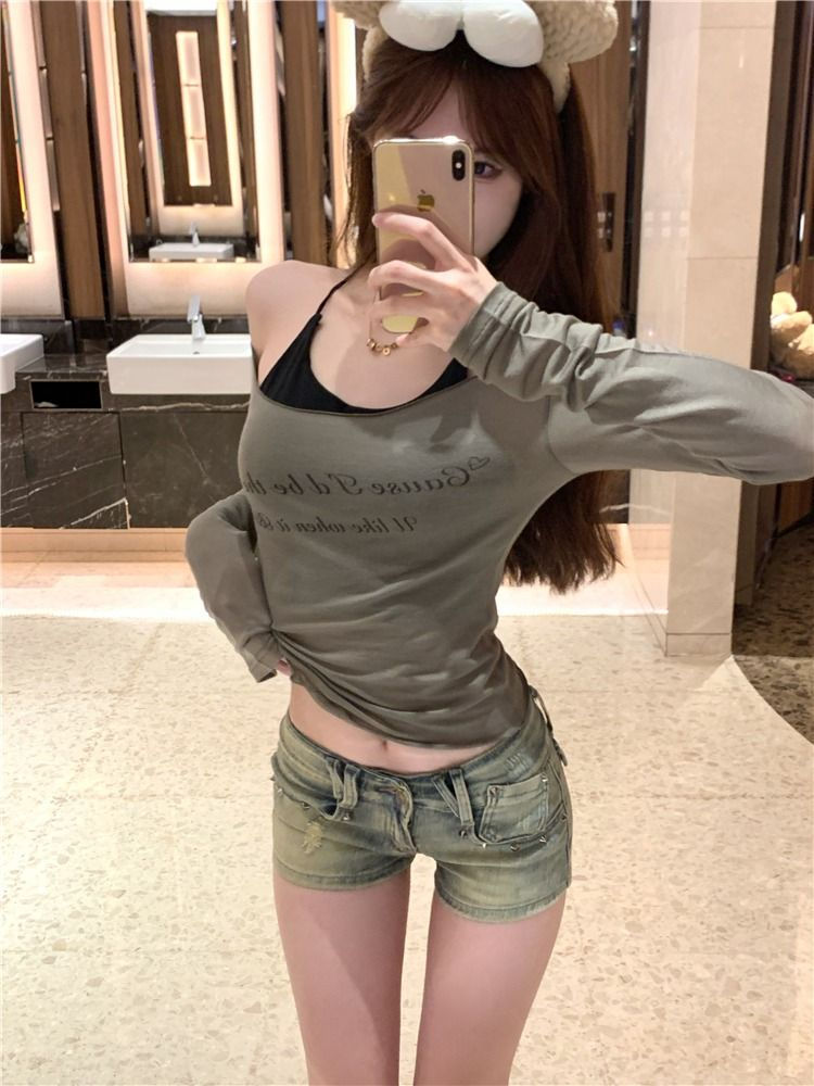辣妹莫代爾一字肩帶胸墊吊帶長袖兩件套女秋季顯瘦短款上衣T恤潮