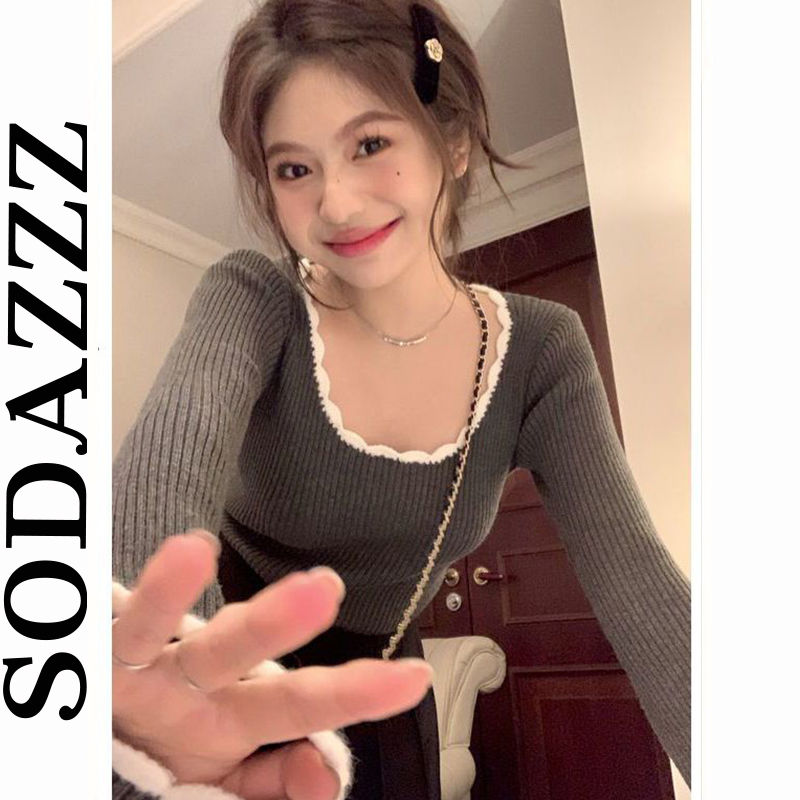 圓領復古氣質撞色修身打底針織衫女秋季設計感內搭套頭上衣女潮流