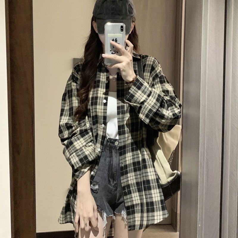 秋季女裝港風格子襯衫女長袖早秋外套氣質寬鬆休閒襯衣上衣女洋氣
