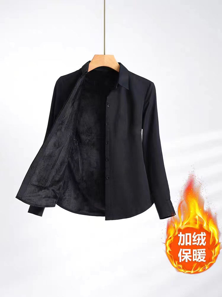 黑色加絨襯衫女長袖冬季一體絨加厚保暖小個子打底大碼職業襯衣寸