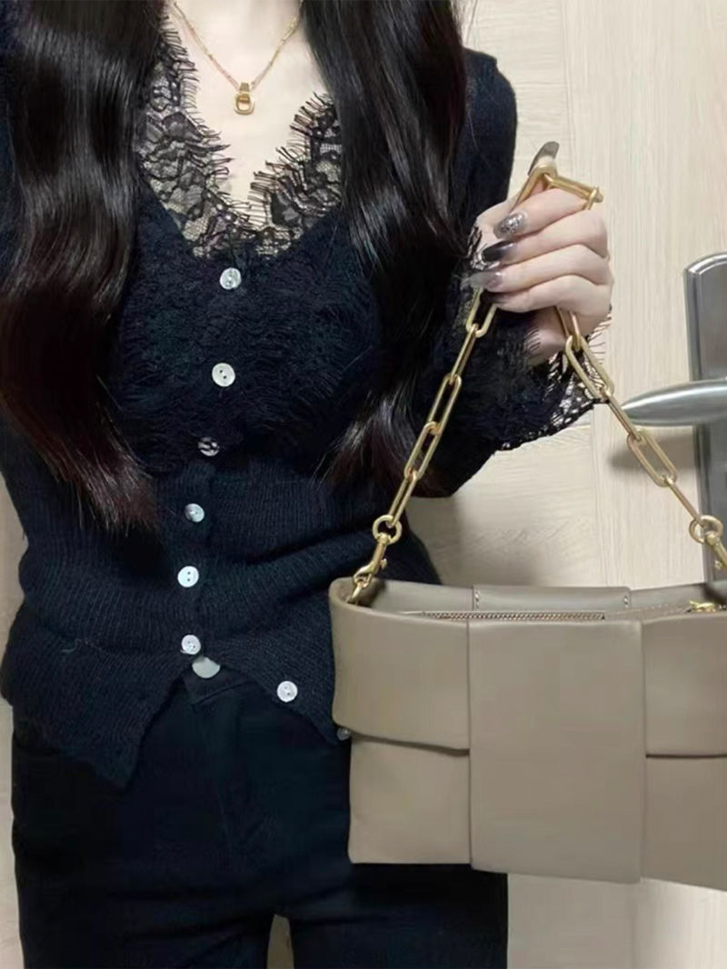 純欲辣妹軟糯蕾絲針織衫女秋冬季長袖開衫修身顯瘦內搭打底衫上衣