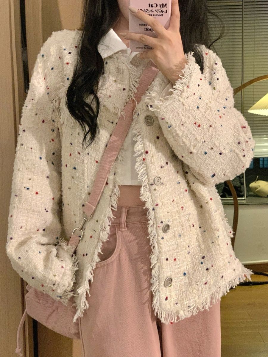 Korean style small fragrance polka dot jacket for women spring and autumn new high-end niche design retro cardigan jacket top