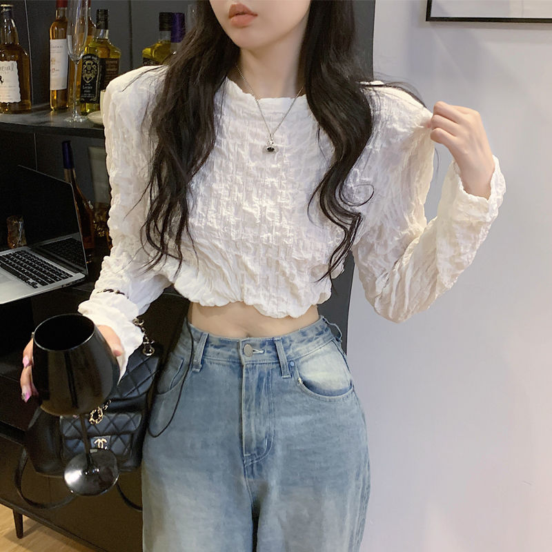 純欲風薄款機理感褶皺顯瘦T恤女設計感小眾長袖甜辣短款露臍上衣