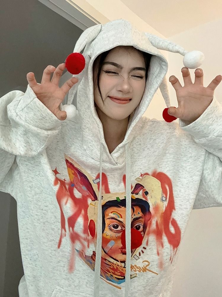 秋冬新款設計感趣味連帽小丑印花連帽衛衣女百搭寬鬆上衣情侶衫潮