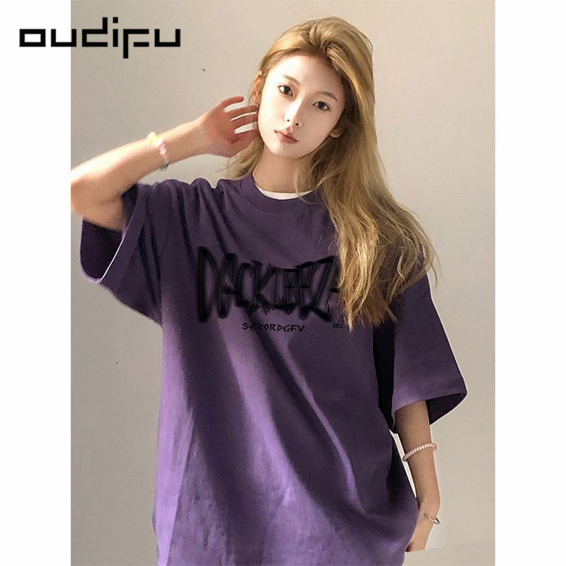 OUDIFU100%純棉復古高街百搭短袖t恤女夏季新款小眾高級感上衣ins