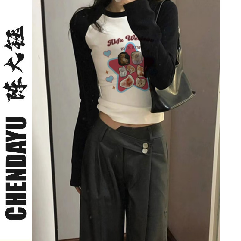 美式復古插肩長袖T恤女早秋季新款內搭打底衫設計感拼接短款上衣