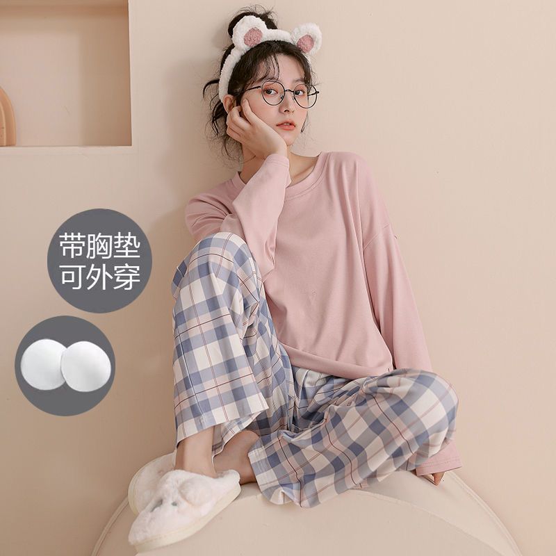 【帶胸墊】睡衣女秋冬長袖長褲可外穿秋款可愛女大碼高顏值家居服