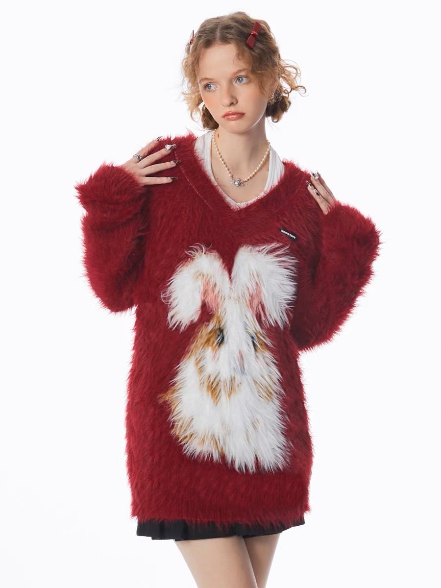 秋冬季美式复古新年过年圣诞红色高级感兔子V领毛毛衣女