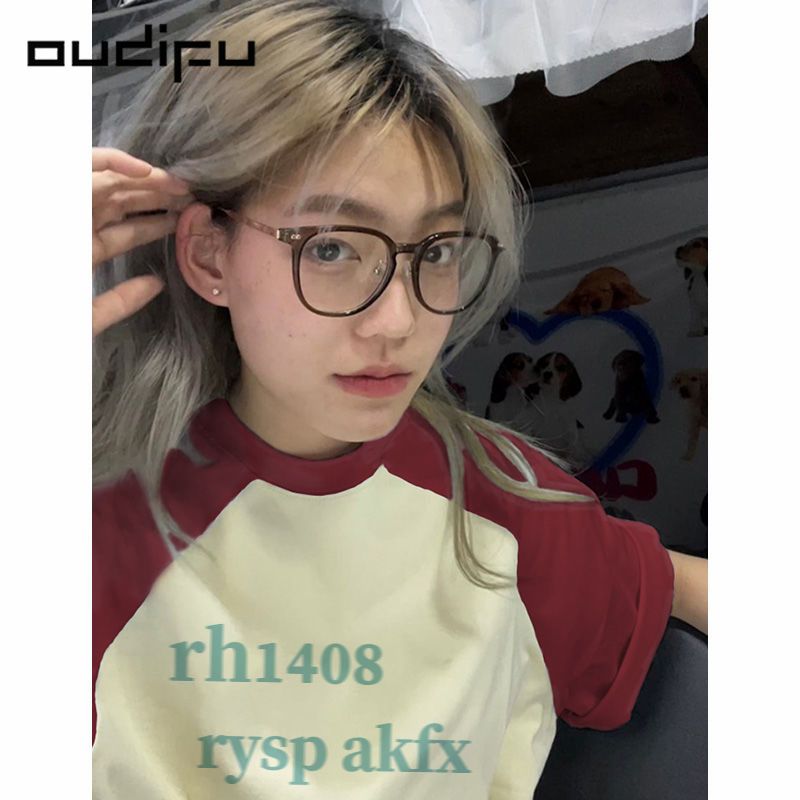 OUDIFU100%純棉街頭復古撞色插肩短袖t恤女夏日新款顯白休閒上衣
