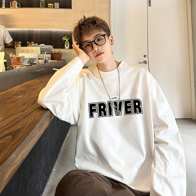 100%純棉長袖T恤男高級感美式小領口內搭打底衫oversize無帽衛衣